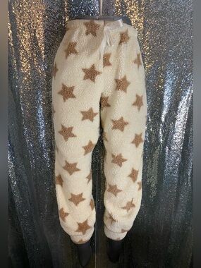Weekending Star Print Sherpa Fleece Pajama Jogger Pants L Cream Cozy NWOT